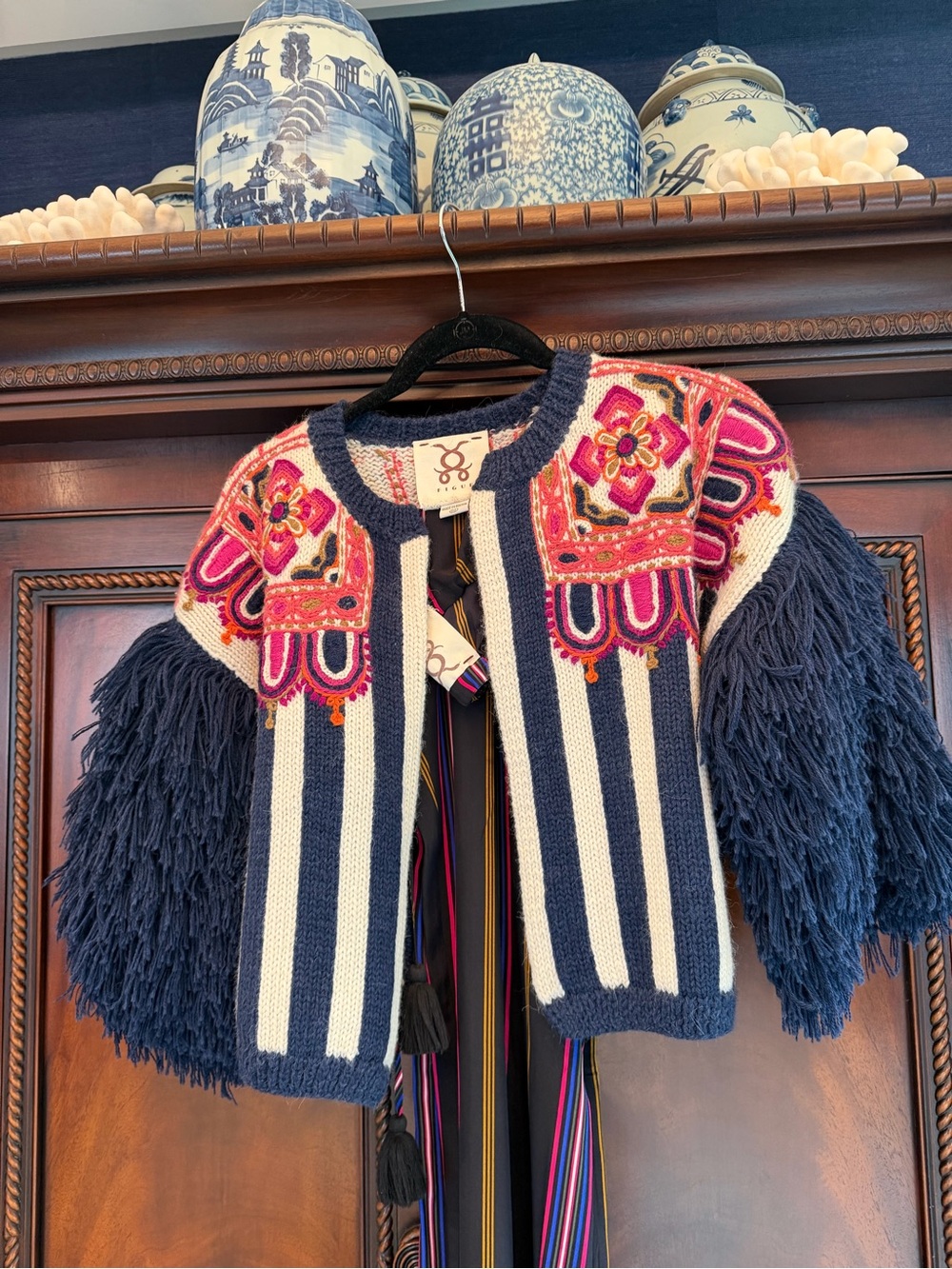 Women’s Figue  Navy & White Striped knit Fringe Cardigan Jacket w matching pants